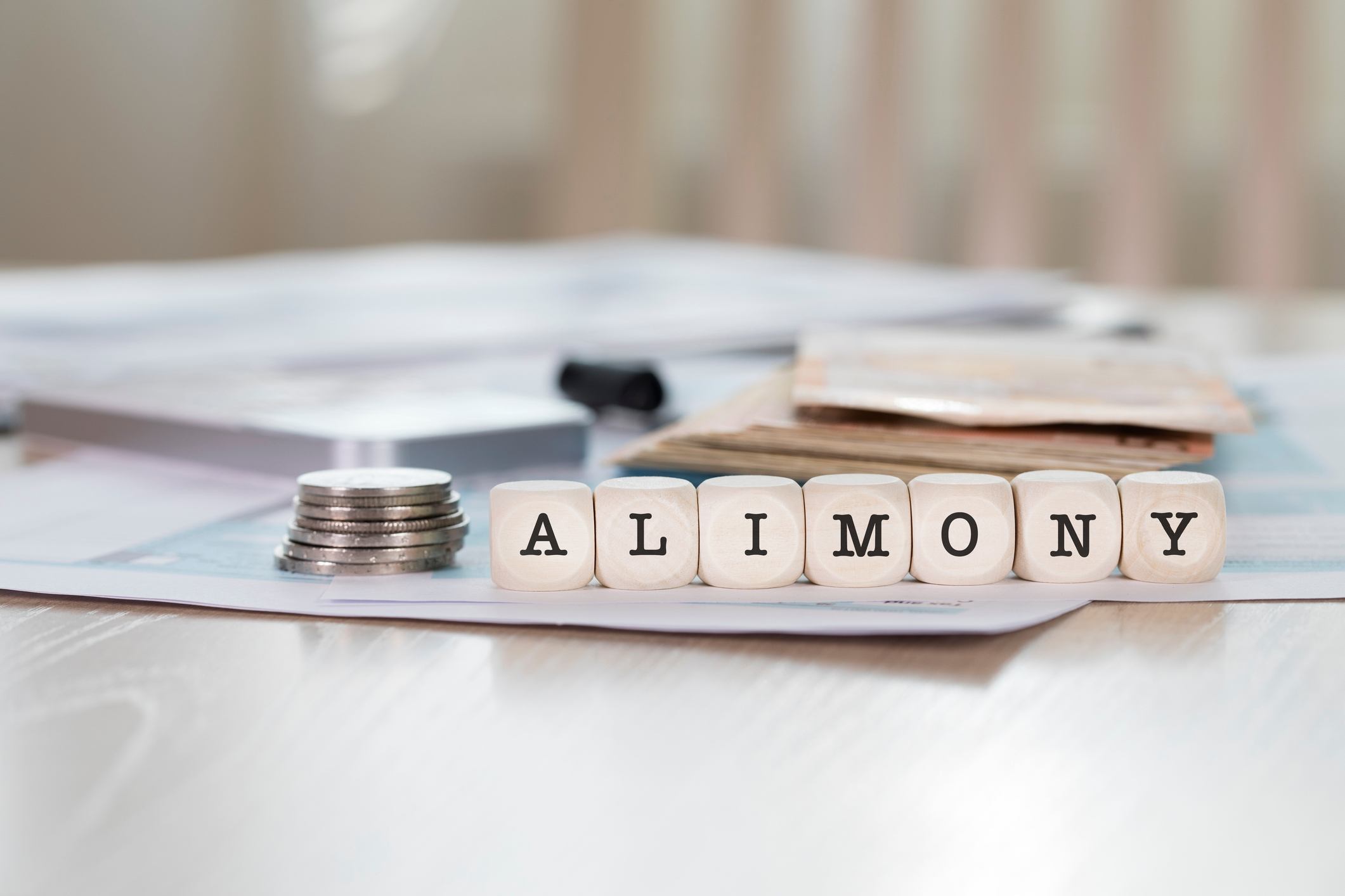 ALIMONY spelled on cubes